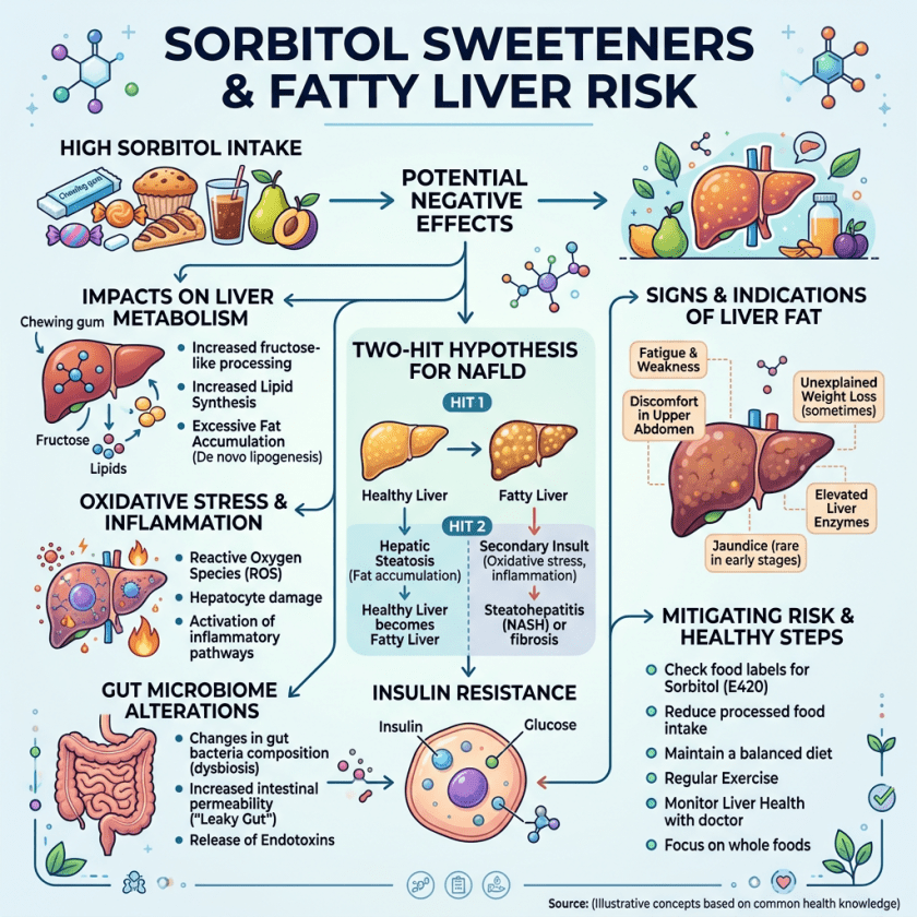 Diagram explaining the connections between sorbitol intake, liver metabolism, oxidative stress, gut microbiome, insulin resistance, and fatty liver disease.
