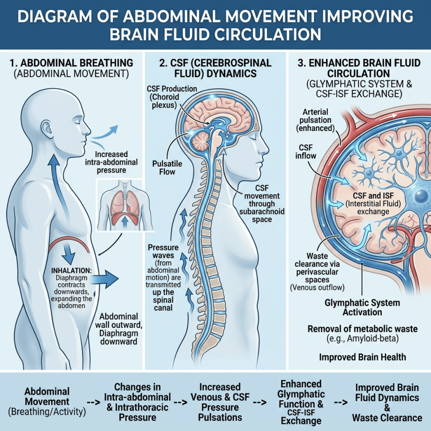 Diagram illustrating abdominal breathing increasing intra-abdominal pressure, cerebrospinal fluid dynamics in spinal canal, and enhanced brain fluid circulation