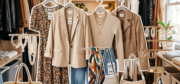Four outfits with jackets, dresses, and jeans displayed with shoes, handbags, and jewelry in a closet