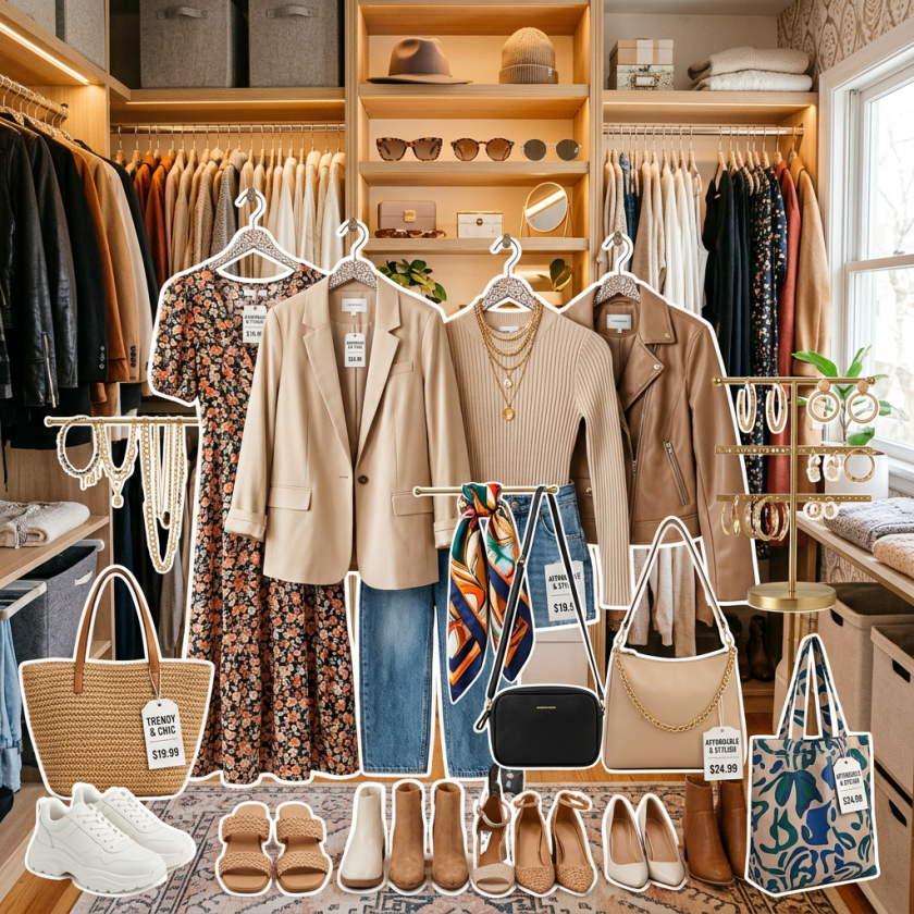 Four outfits with jackets, dresses, and jeans displayed with shoes, handbags, and jewelry in a closet