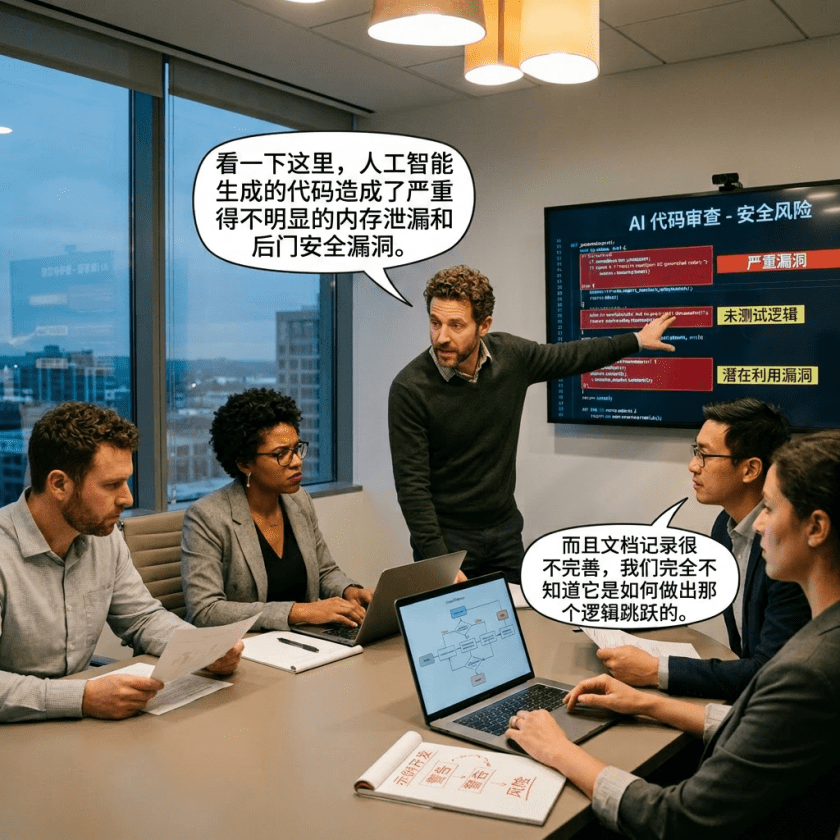 Team reviewing AI code security risks on screen with discussion