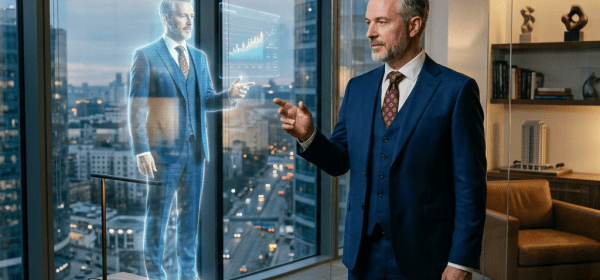 Businessman in a suit interacting with a holographic projection of himself showing a graph