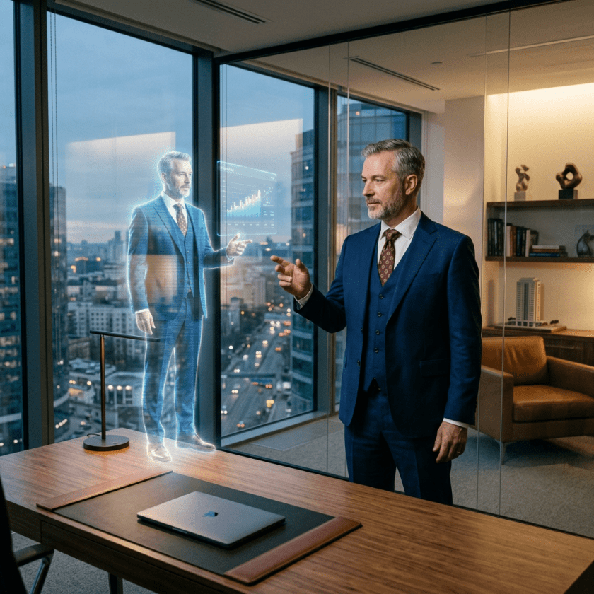 Businessman in a suit interacting with a holographic projection of himself showing a graph