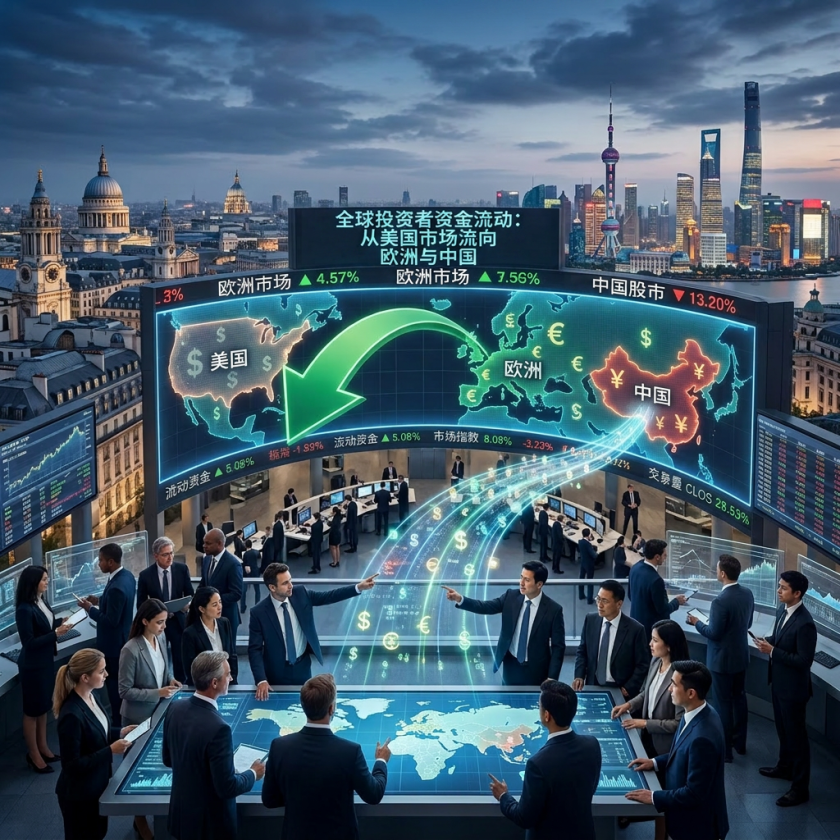 Business professionals evaluating global investor flows from US markets to Europe and China on digital maps