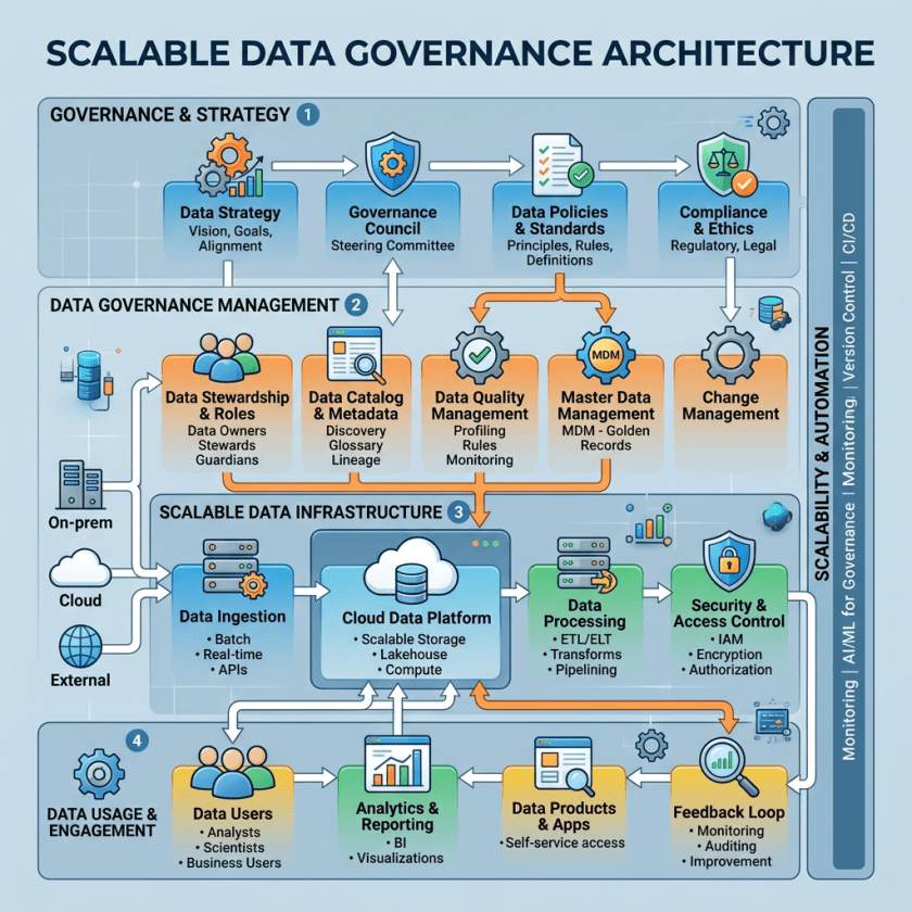 Diagram showing components of scalable data governance architecture including strategy, management, infrastructure, and usage