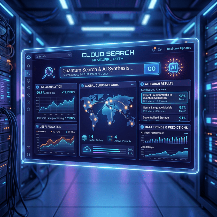 Digital dashboard showing AI analytics, global cloud network, AI search results, and data trends in a server room