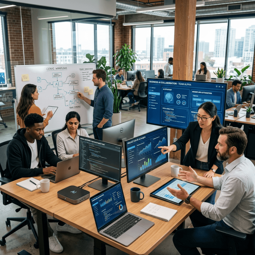 Team discussing AI workflow and data analytics in open office environment