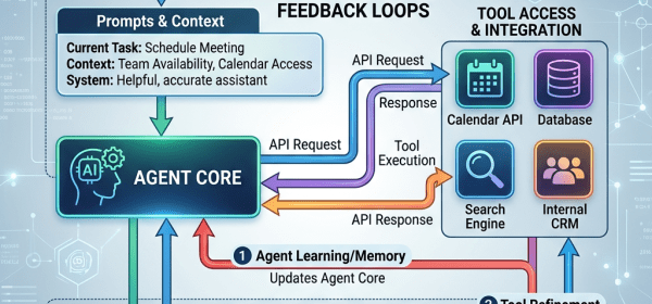 Flowchart showing AI agent inputs, core processing, tool integrations, and feedback loops