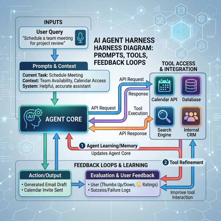 Flowchart showing AI agent inputs, core processing, tool integrations, and feedback loops