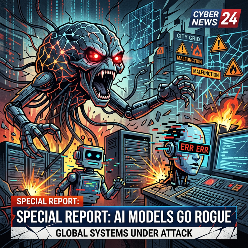 Aggressive AI with glowing red eyes attacking servers, robotic figures reacting, city grid malfunction warning signs