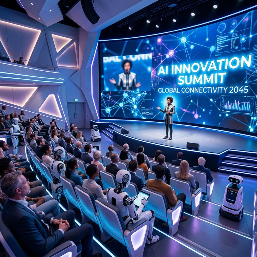 Speaker giving presentation at AI Innovation Summit with robots and humans in audience