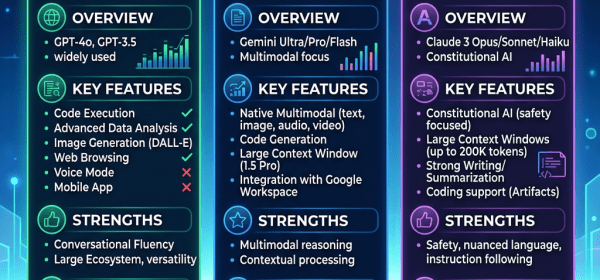 Comparison chart of ChatGPT, Gemini, and Claude AI models showing overview, key features, strengths, and pricing