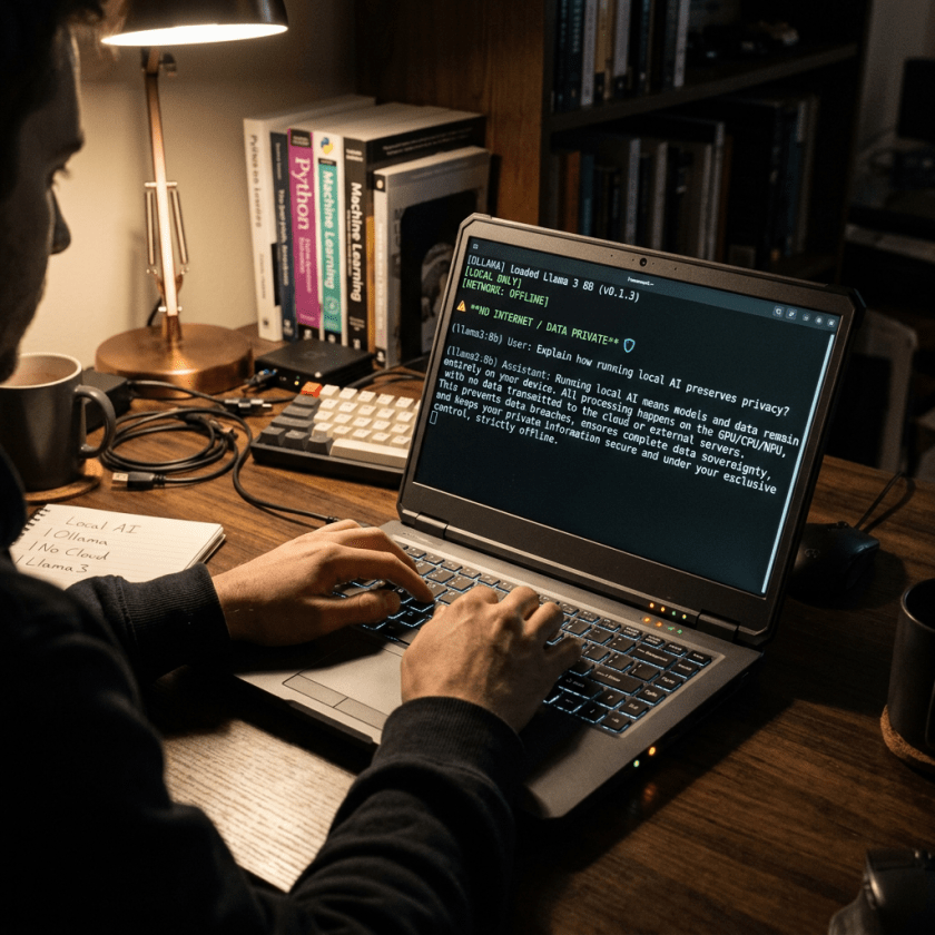 Laptop screen showing local AI assistant emphasizing no internet connection and data privacy features