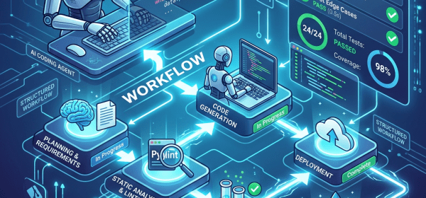 AI robot typing code on holographic screen with software development stages and testing dashboard