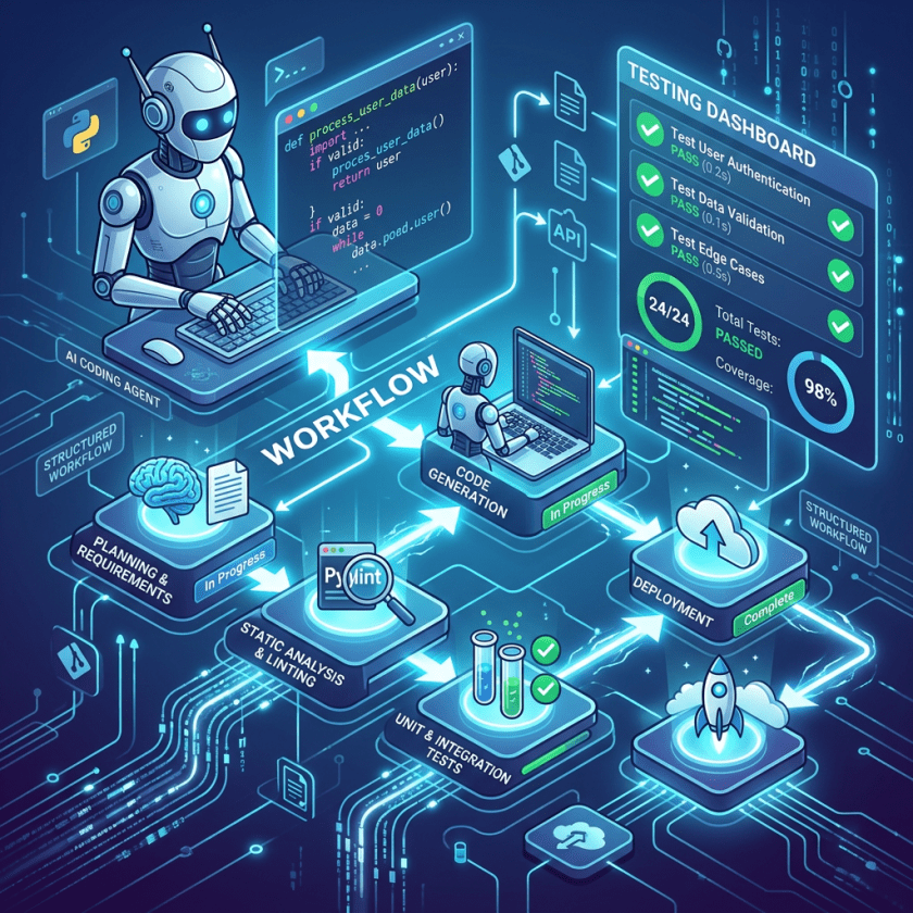 AI robot typing code on holographic screen with software development stages and testing dashboard