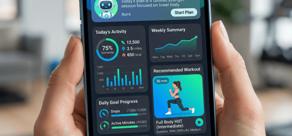 Smartphone showing AI fitness coach app with activity stats, workout plan, and hydration tracker