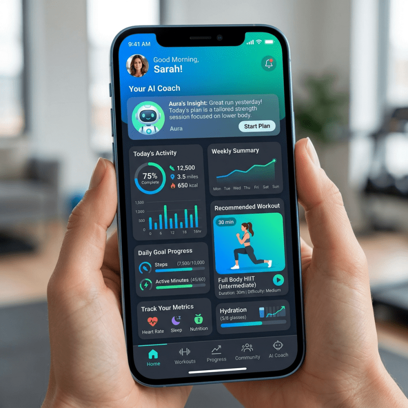 Smartphone showing AI fitness coach app with activity stats, workout plan, and hydration tracker