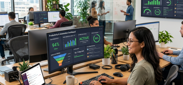 People working at desks with productivity dashboards on monitors in an open office
