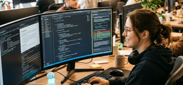 Person typing code on dual computer monitors at a desk in an office