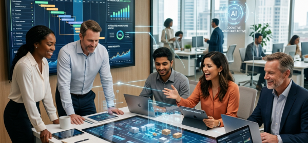 Team working together using AI-enhanced digital project data and laptops in modern office meeting room