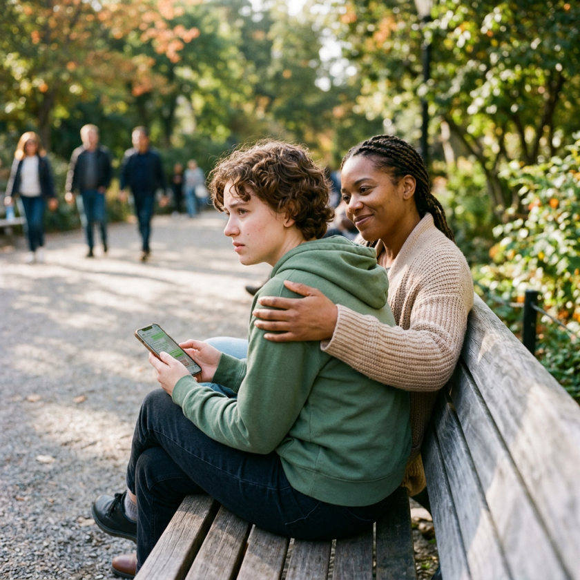 Two people sitting on a park bench, one comforting the other who holds a smartphone