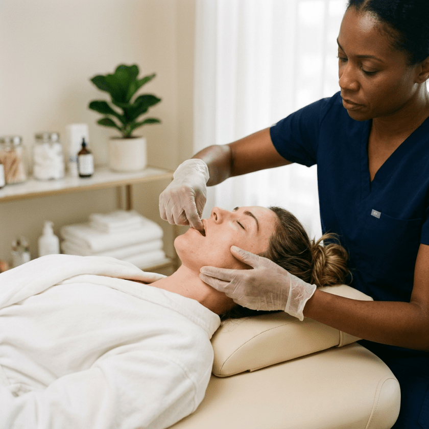 Skincare professional giving a facial massage to a client lying on a treatment bed