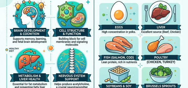 Infographic showing choline benefits including brain development, cell function, metabolism, nervous system, and heart health, and dietary sources like eggs, liver, fish, poultry, soy, vegetables, nuts, and whole grains.