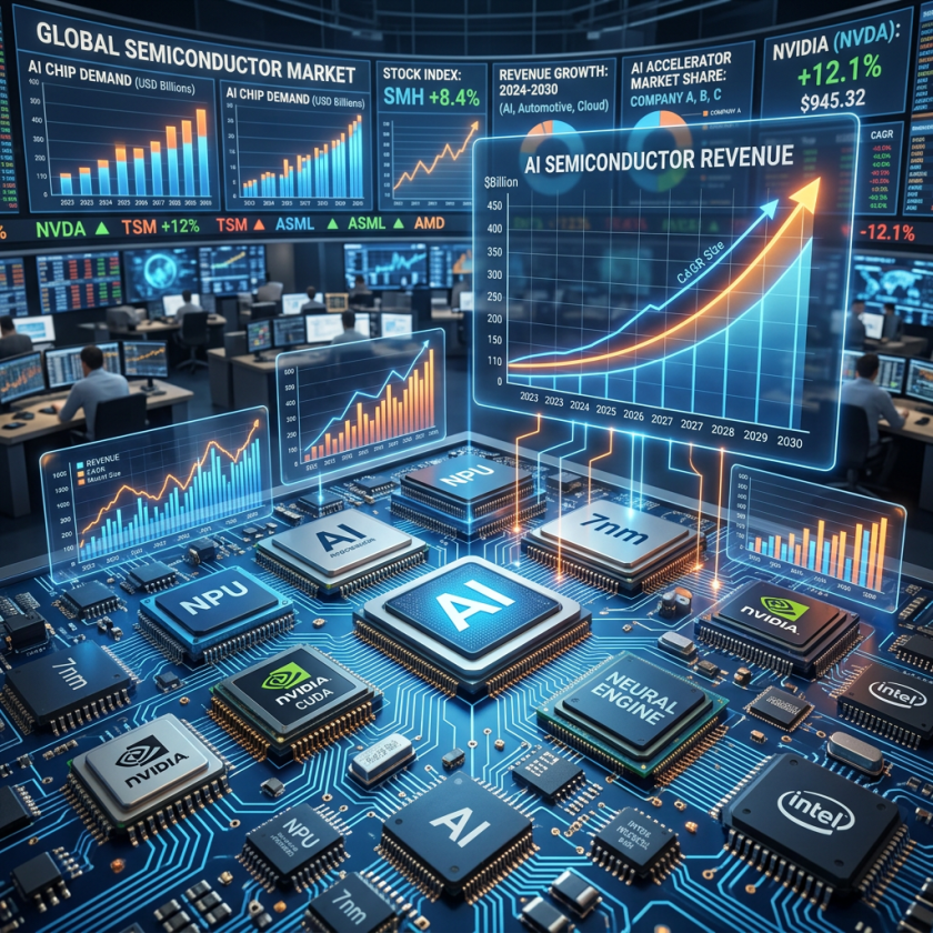 AI semiconductor chips with growth charts and market data overlay