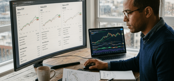 Person analyzing stock charts on computer monitors and documents at desk