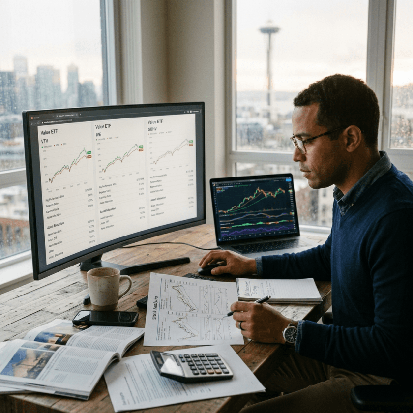 Person analyzing stock charts on computer monitors and documents at desk