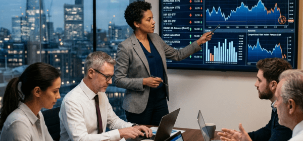 Business team analyzing market charts and performance data on screens