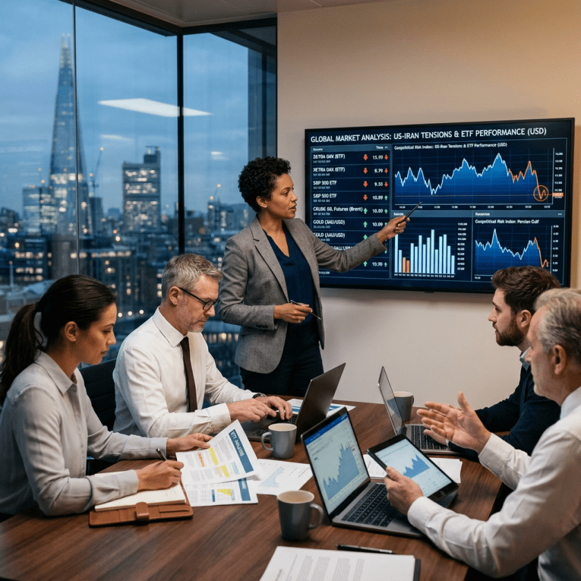 Business team analyzing market charts and performance data on screens