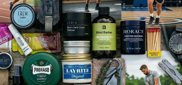 Assorted men's grooming products including moisturizers, pomades, shampoos, shaving creams, razors, combs, and brushes