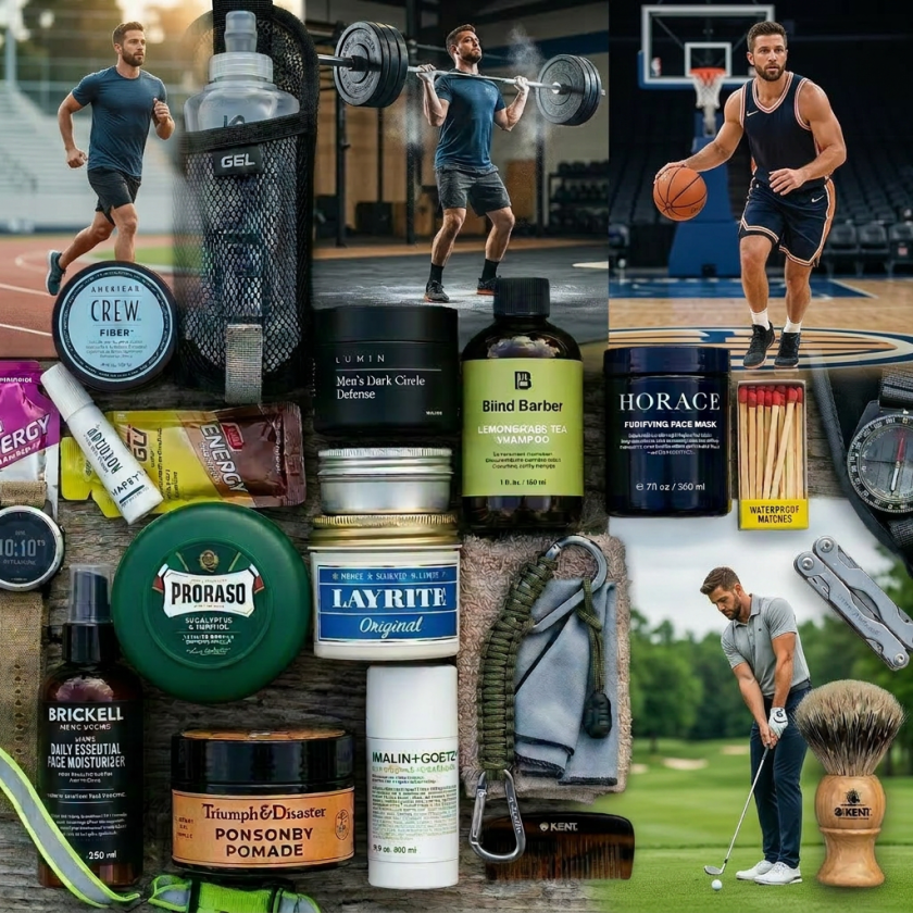 Assorted men's grooming products including moisturizers, pomades, shampoos, shaving creams, razors, combs, and brushes