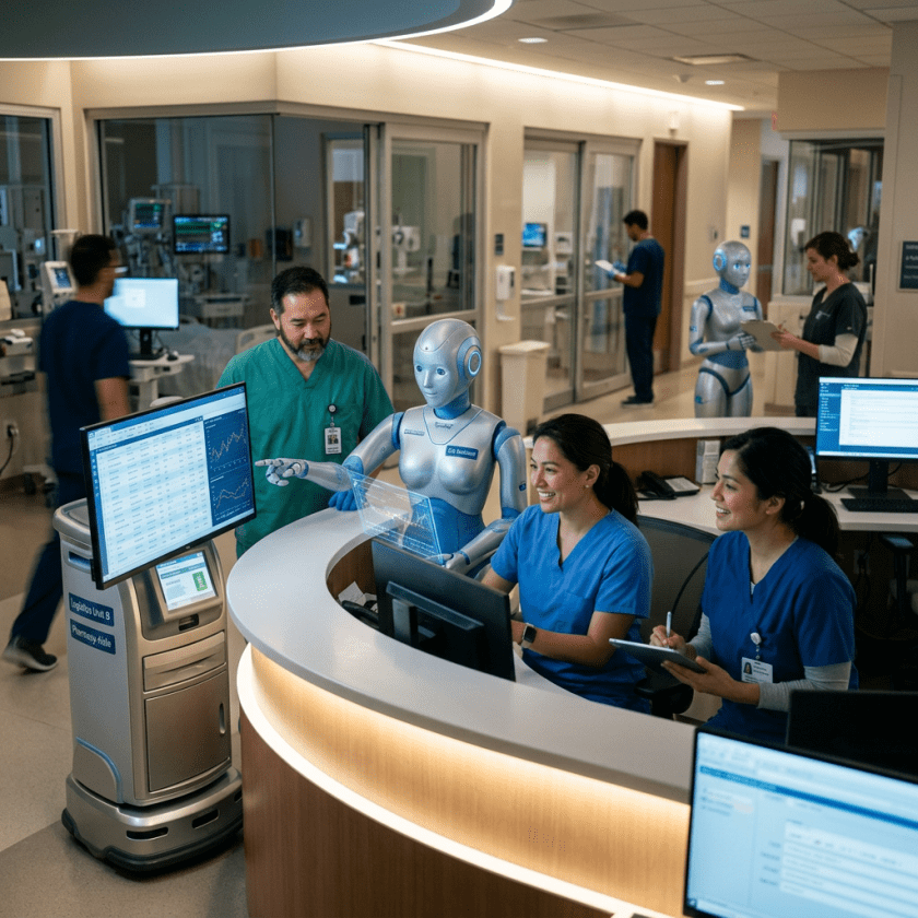 Robots and medical staff working together at a hospital nursing station with computer screens
