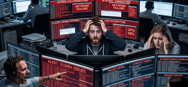 Network operations center showing multiple monitors with alerts of network failure, log congestion, and system errors