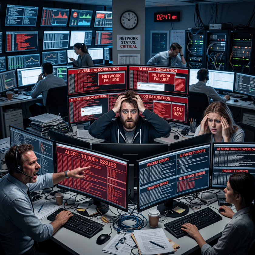 Network operations center showing multiple monitors with alerts of network failure, log congestion, and system errors