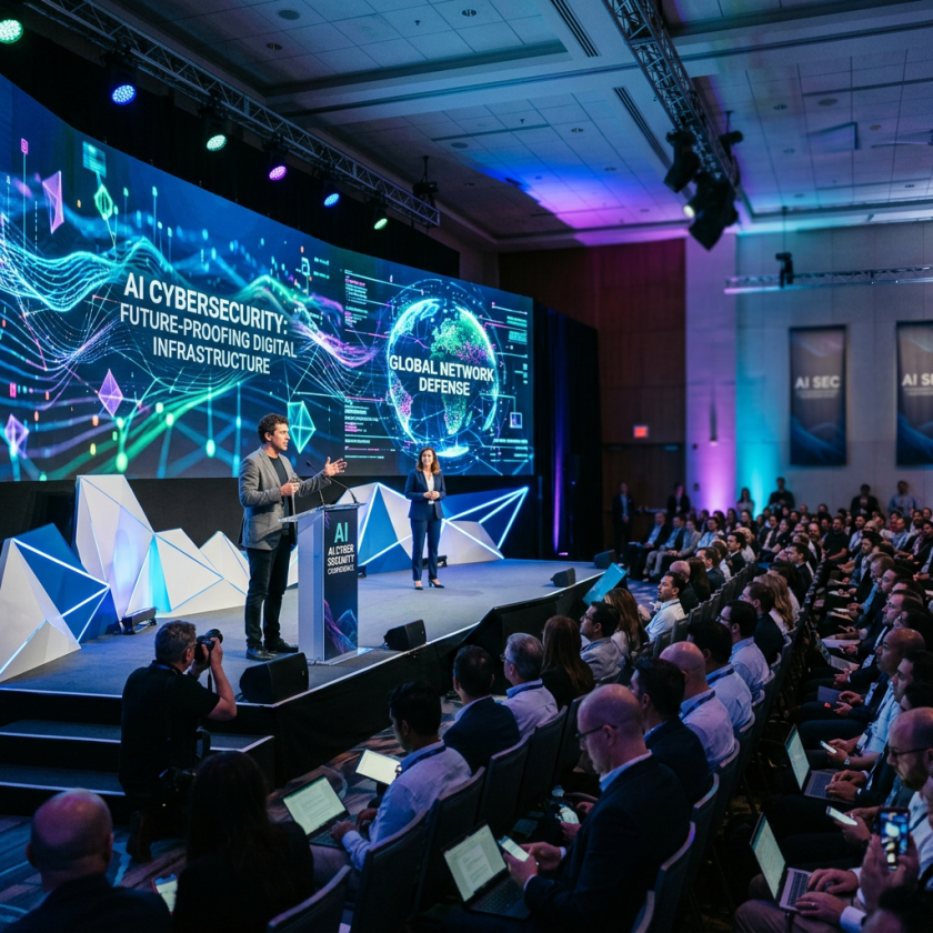 Speakers presenting on AI cybersecurity with a digital globe and network visuals behind