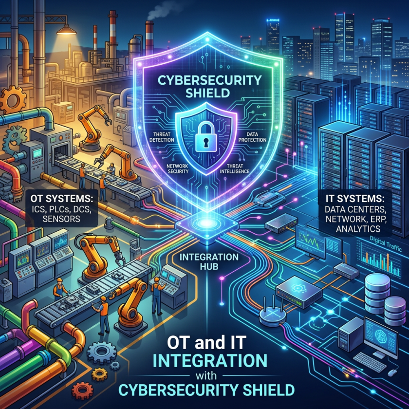 Cybersecurity shield symbol connecting industrial OT systems and IT data centers with integration hub