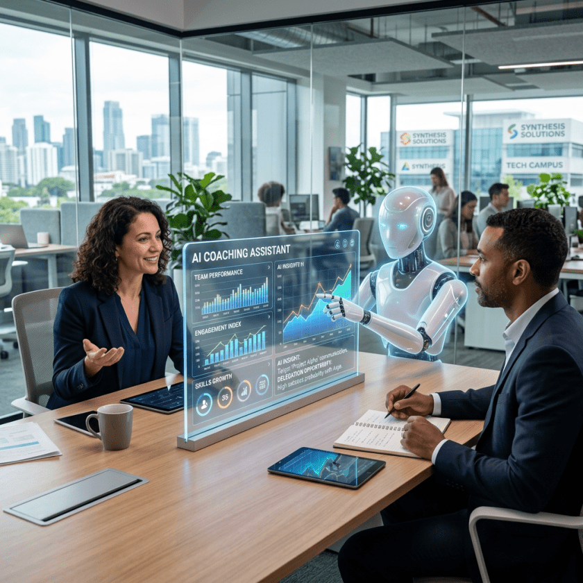 Robot AI assistant presenting team performance data to two professionals in modern office