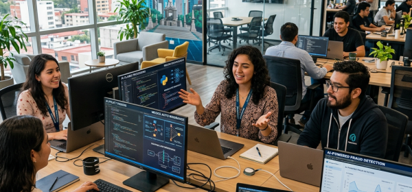 Team working on AI software development with multiple monitors showing code and data visualizations