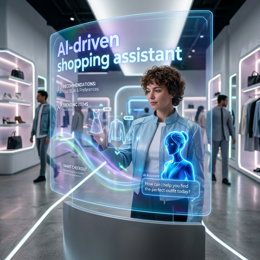 Woman interacting with AI holographic shopping assistant displaying clothing options and recommendations