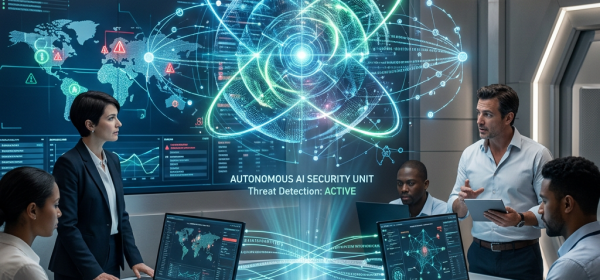 Team analyzing global cyber threats with AI security system in control room