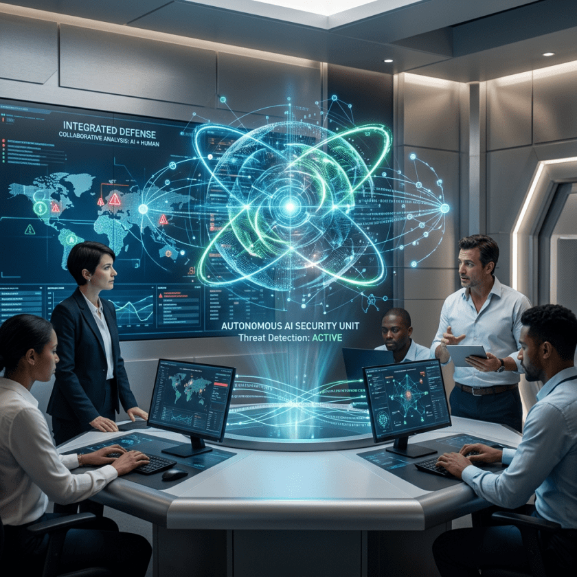 Team analyzing global cyber threats with AI security system in control room