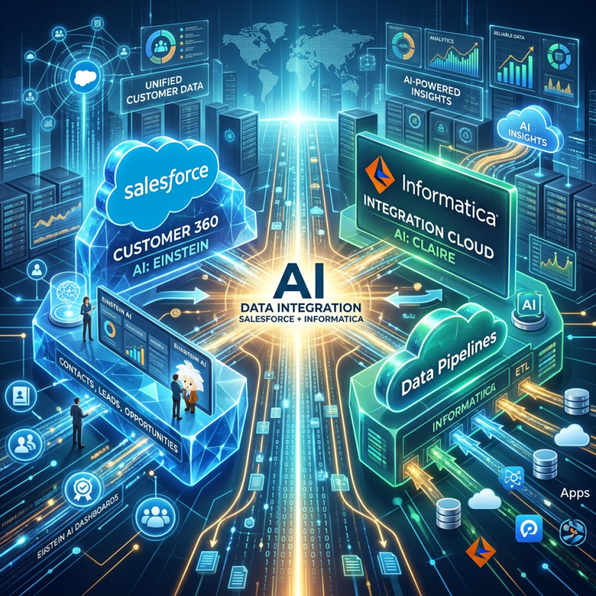 AI data integration between Salesforce Customer 360 with AI Einstein and Informatica Integration Cloud with AI Claire featuring data pipelines and analytics dashboards