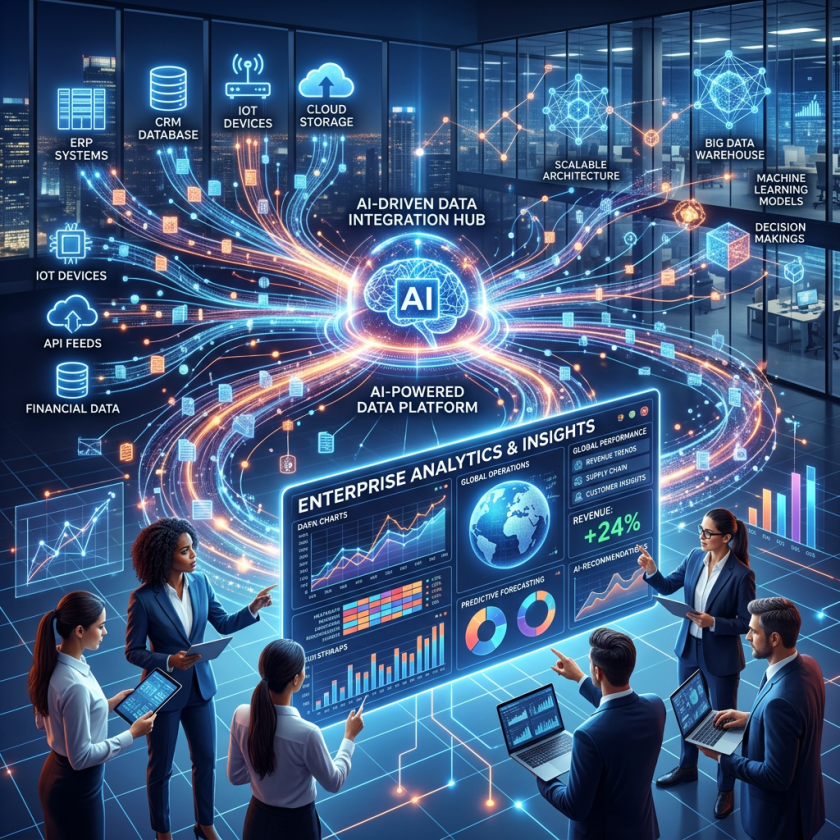 Business team analyzing AI-powered enterprise analytics dashboard with data streams and charts