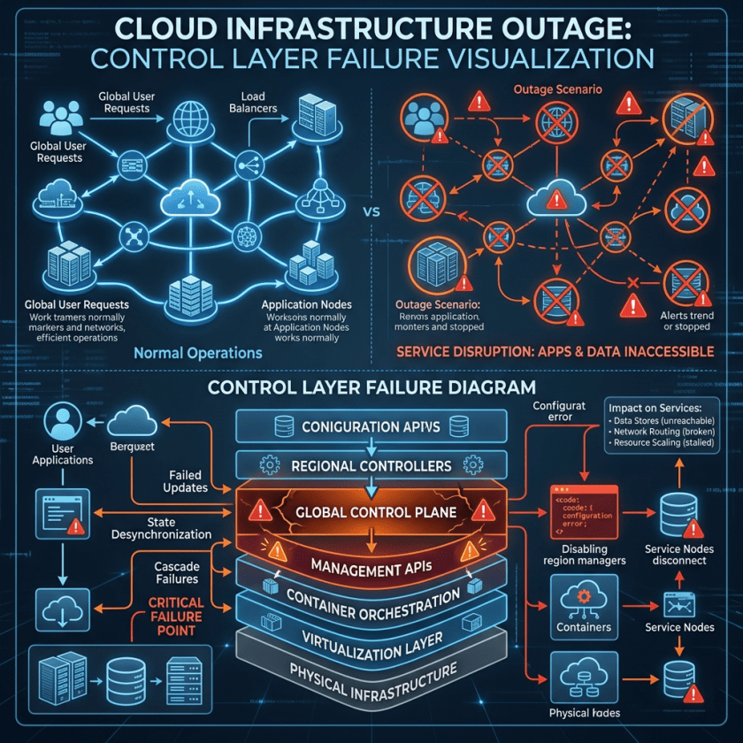 Diagram showing cloud infrastructure normal operations and outage scenarios with control layer failure