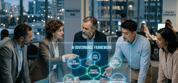 Team discussing AI governance framework and enterprise digital transformation concepts