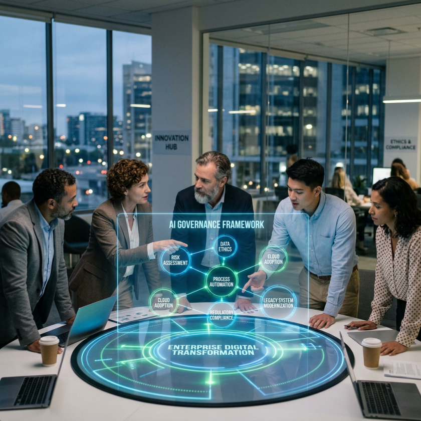 Team discussing AI governance framework and enterprise digital transformation concepts