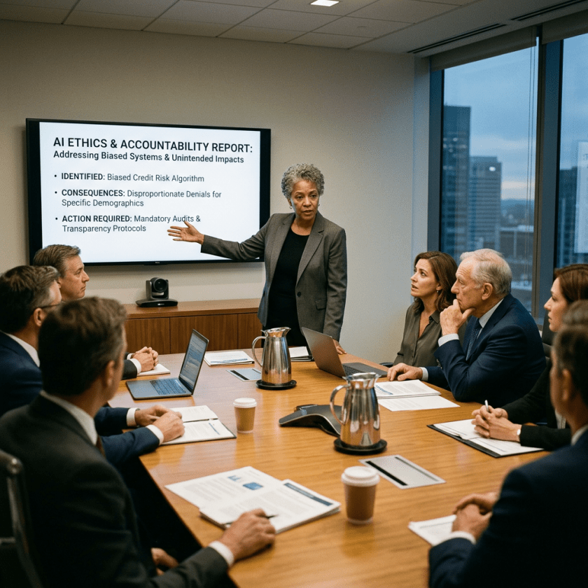 Businesswoman presenting AI ethics report addressing biased systems and unintended impacts to meeting attendees